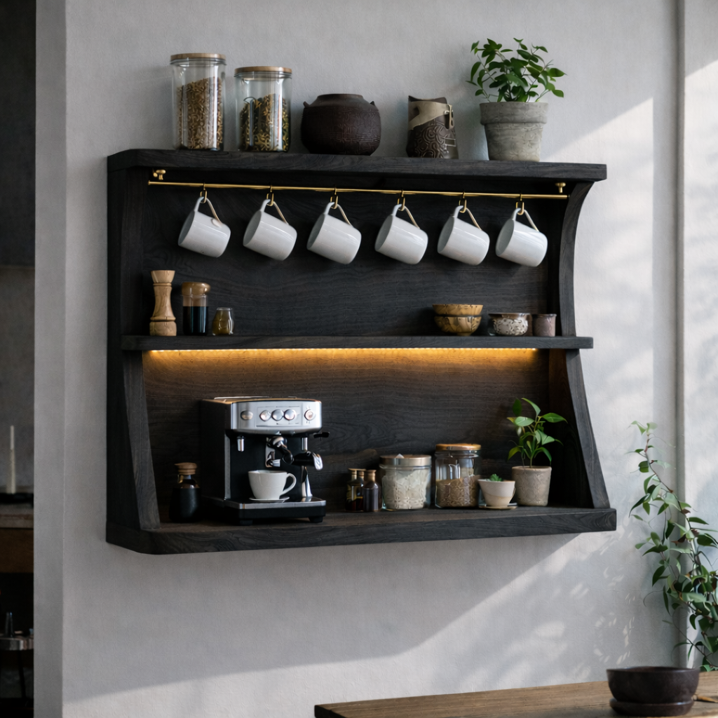 Solid Wood Floating Kitchen Cabinet with Coffee Station | Modern Kitchen Shelf