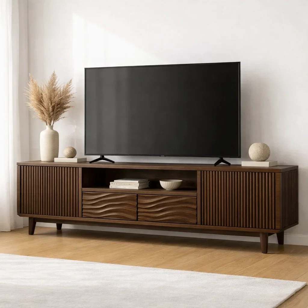 Modern Wood TV Cabinet with Slatted Doors & Wave Drawer – Media Console Storage