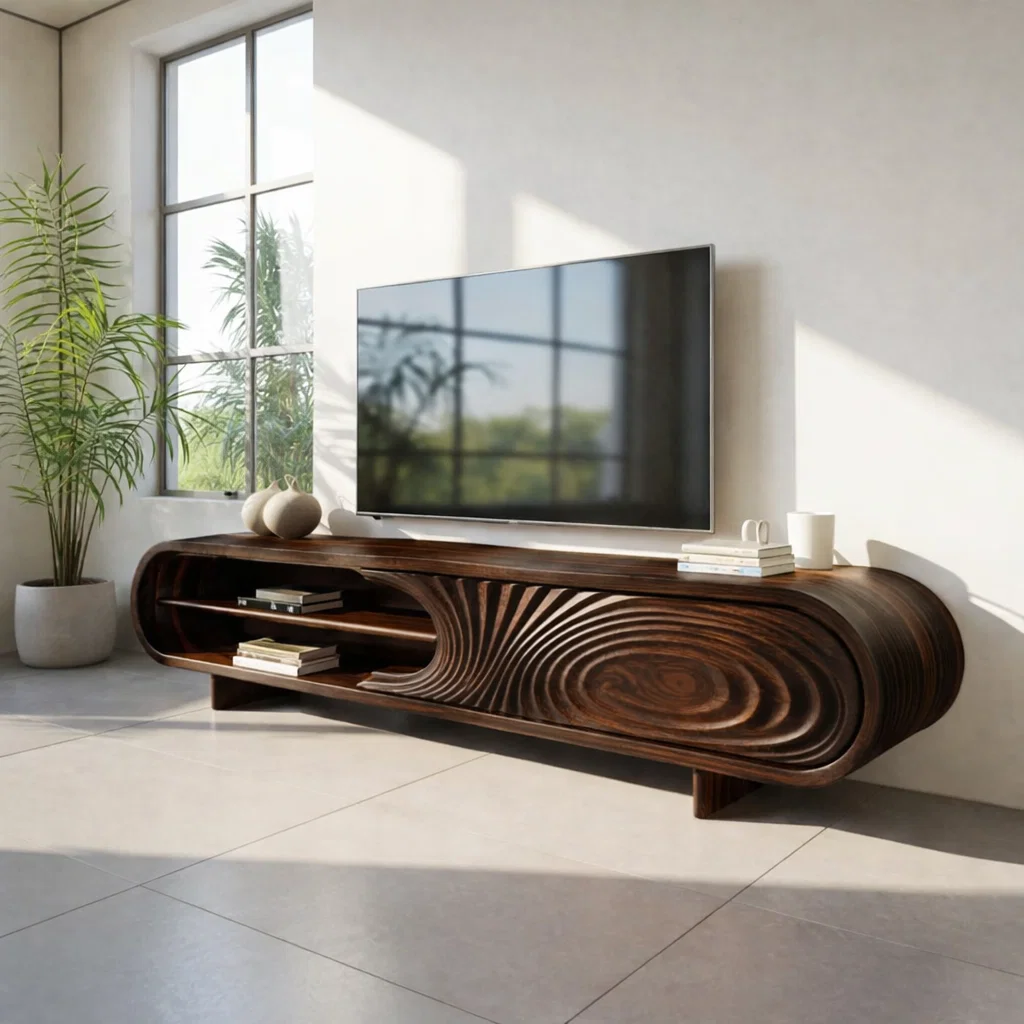 Modern Solid Wood Media Console with Sculpted Design – TV Stand with Open Storage
