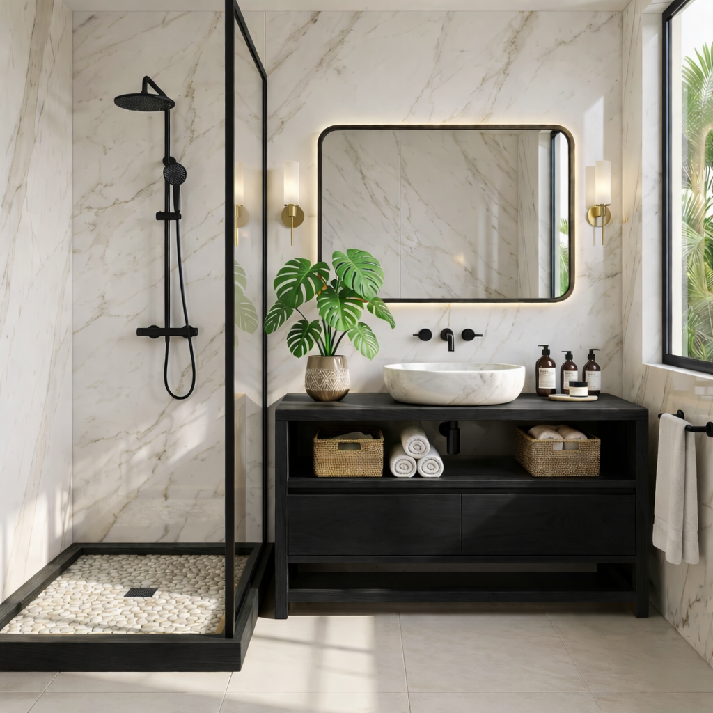 Modern Oak Bathroom Vanity with Marble Sink and LED Mirror Kitchnce