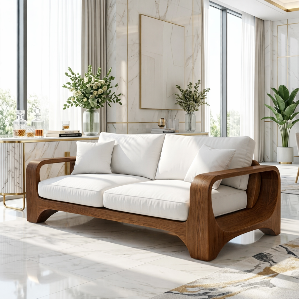 Modern Minimalist Solid Wood Sofa with White Fabric Cushions Zen Style Living Couch