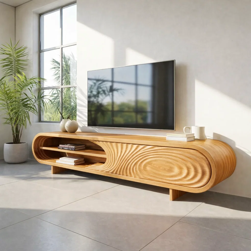 Modern Solid Wood Media Console with Sculpted Design – TV Stand with Open Storage