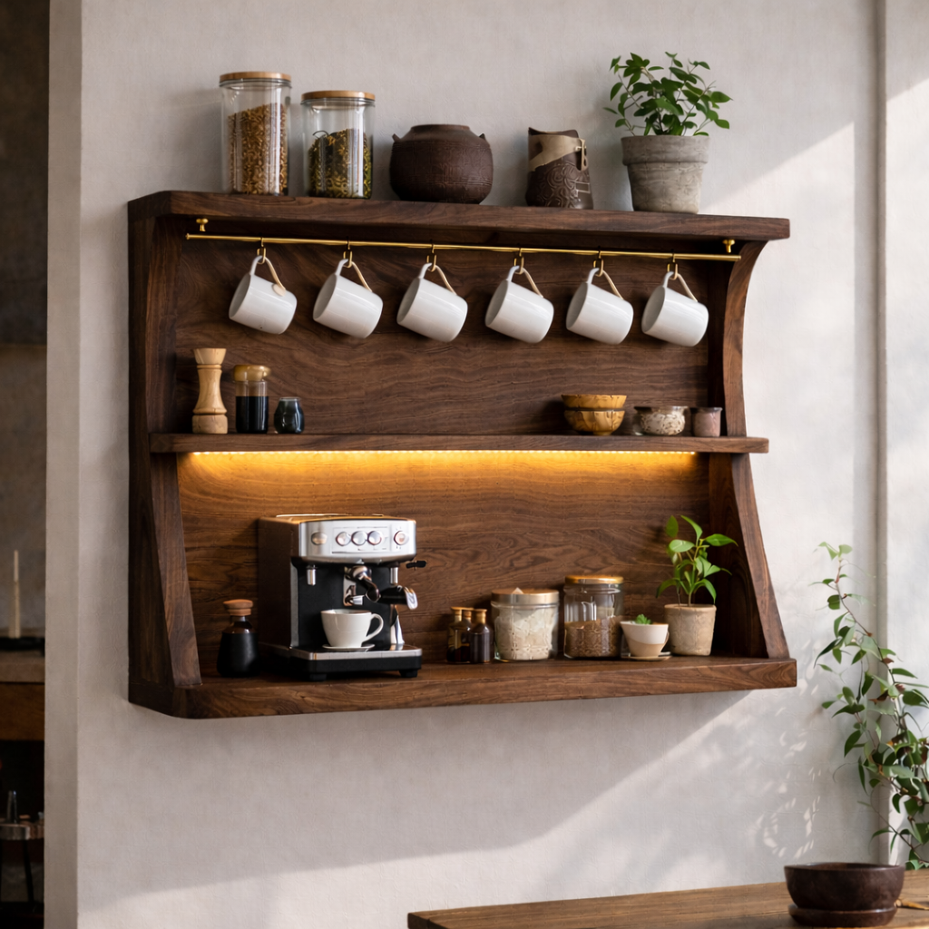 Solid Wood Floating Kitchen Cabinet with Coffee Station | Modern Kitchen Shelf
