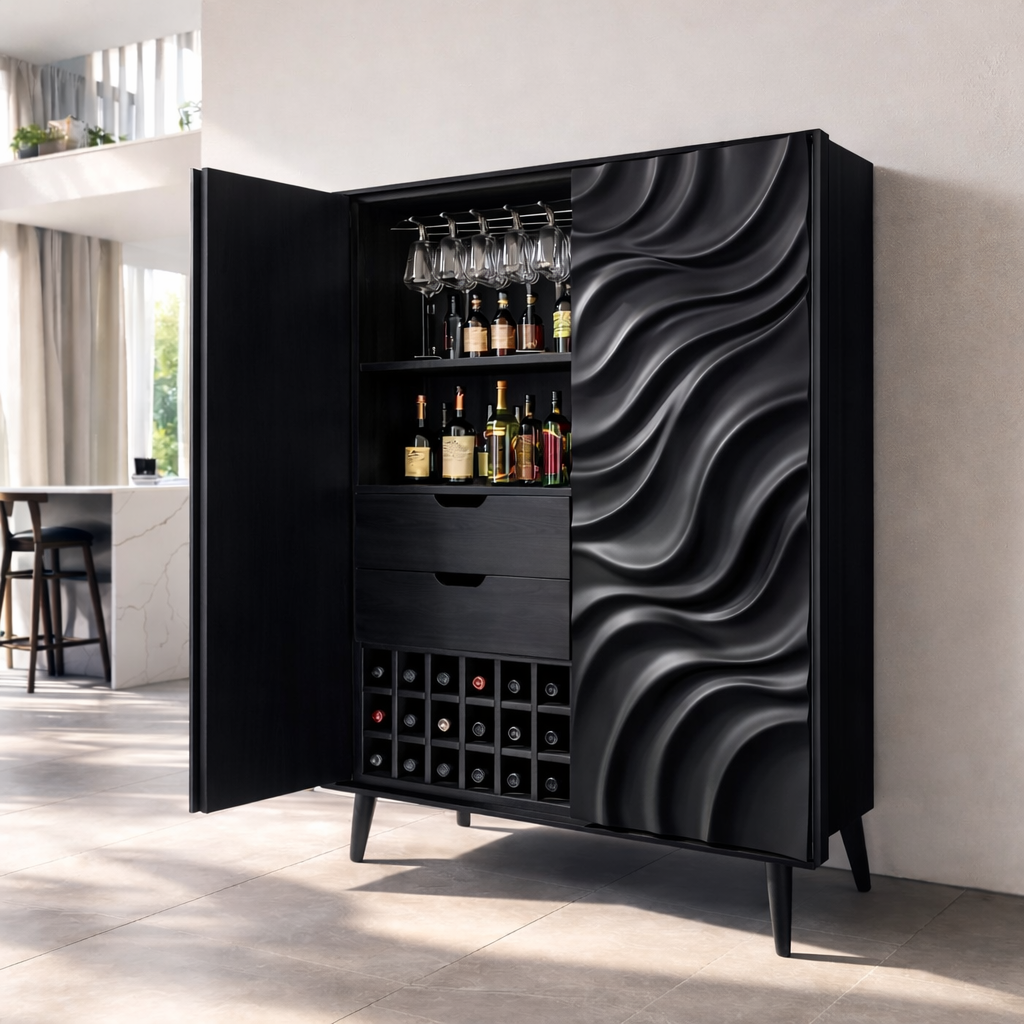 Solid Wood Bar Cabinet with Wine Rack – Modern Liquor Storage Cabinet
