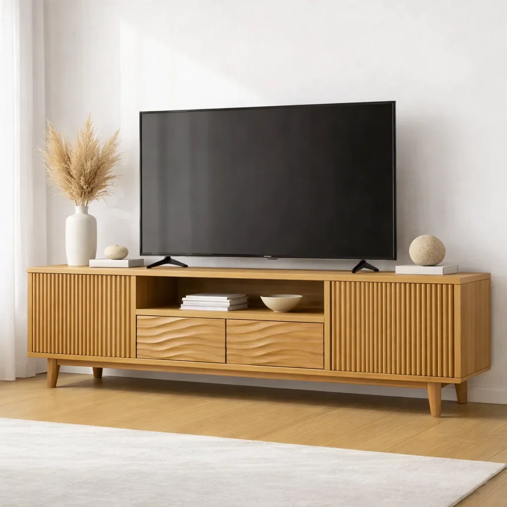 Modern Wood TV Cabinet with Slatted Doors & Wave Drawer – Media Console Storage
