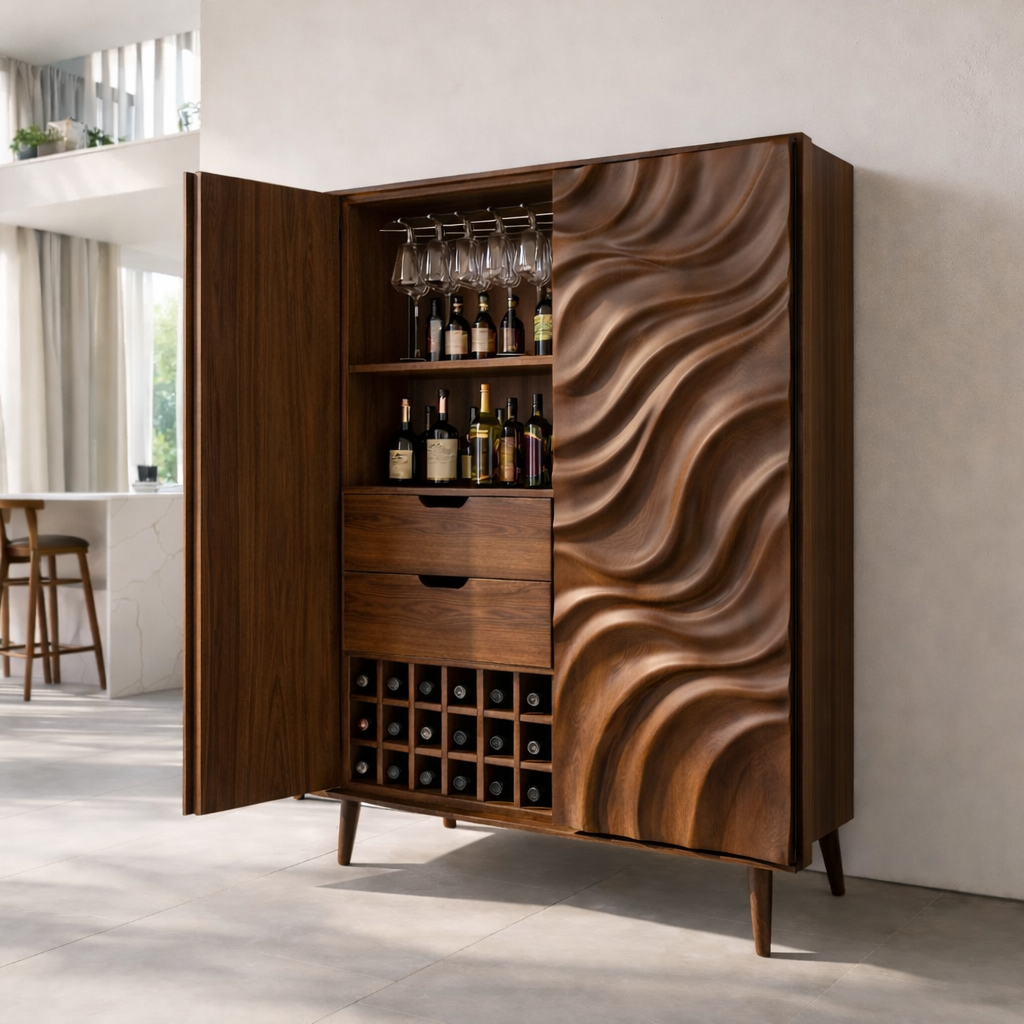 Solid Wood Bar Cabinet with Wine Rack – Modern Liquor Storage Cabinet