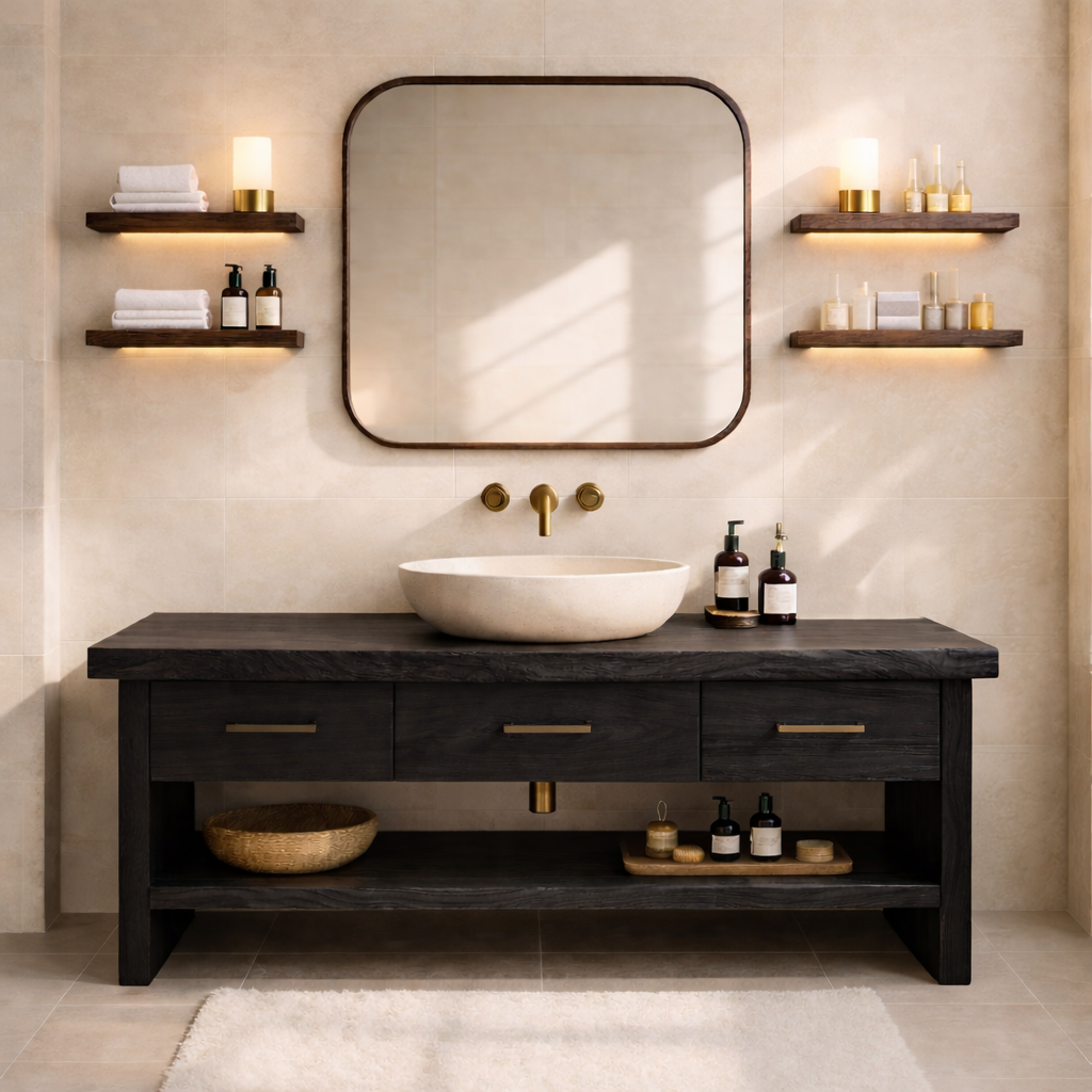 Modern Rustic Solid Wood Bathroom Vanity Cabinet With Drawers And Open Shelf Kitchnce