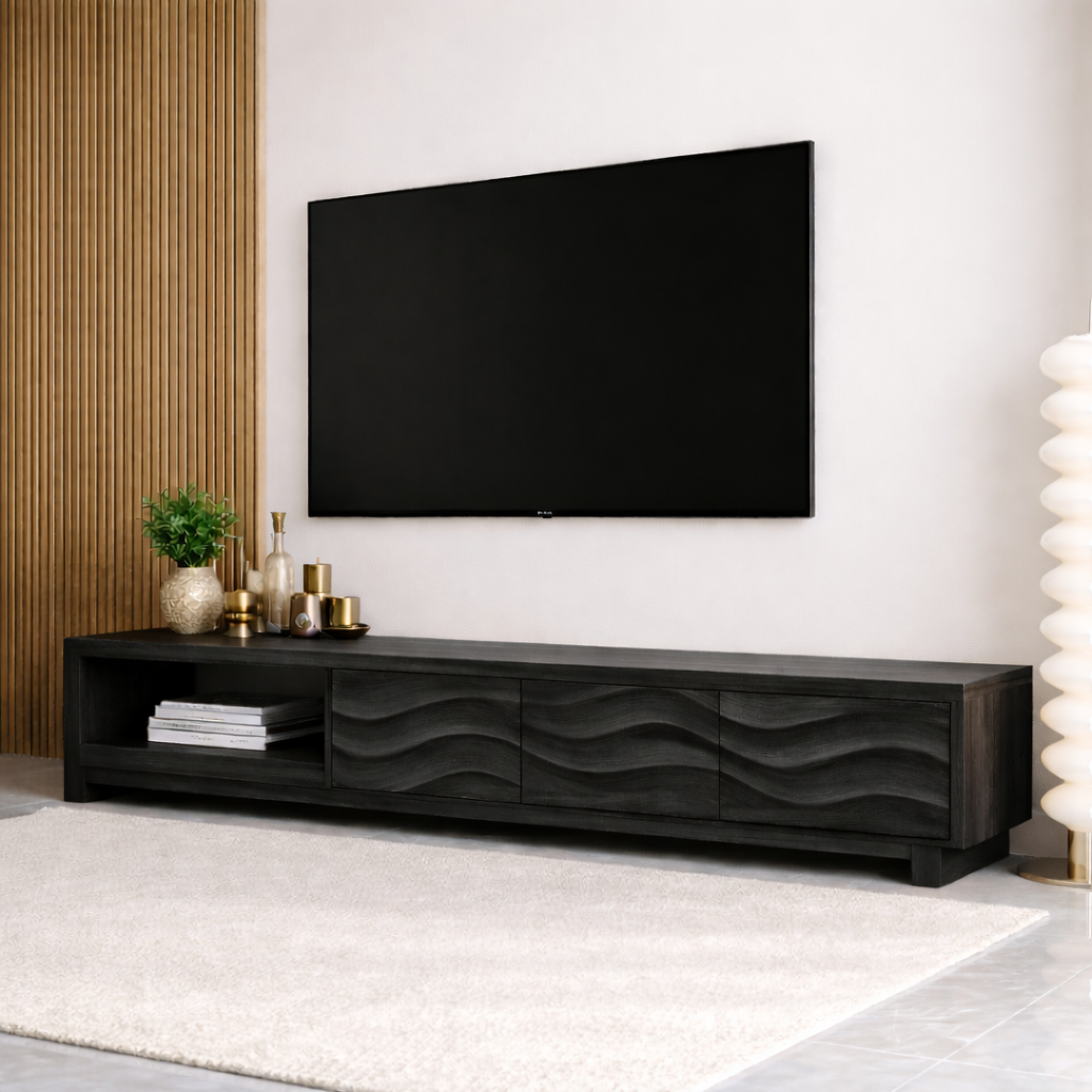 Mid Century Solid Wood TV Stand Wave Front Media Console Long Entertainment Unit Kitchnce