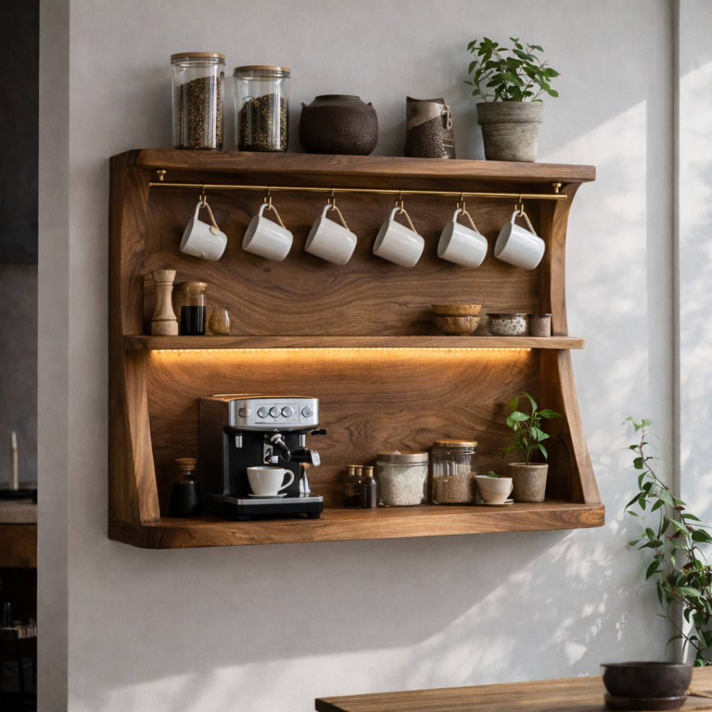 Solid Wood Floating Kitchen Cabinet with Coffee Station | Modern Kitchen Shelf