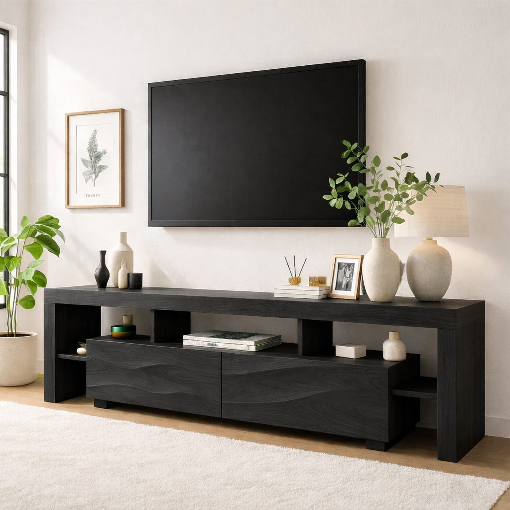 Modern Wave Front Wood TV Stand Long Media Console With Open Shelves Entertainment Center Kitchnce