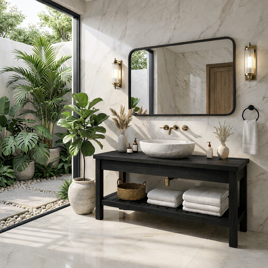 Modern Oak Bathroom Vanity with White Marble Sink and Golden Fixtures Kitchnce