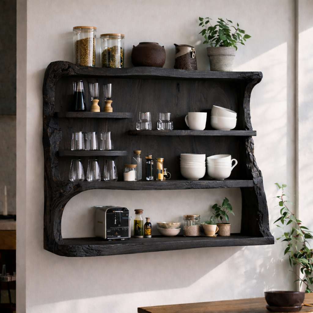 Live Edge Solid Wood Kitchen Cabinet | Modern Floating Shelf for Storage