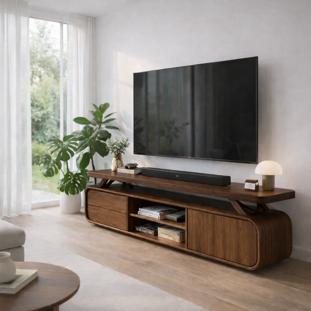 Modern Solid Wood TV Console with Curved Edges & Open Shelf Storage