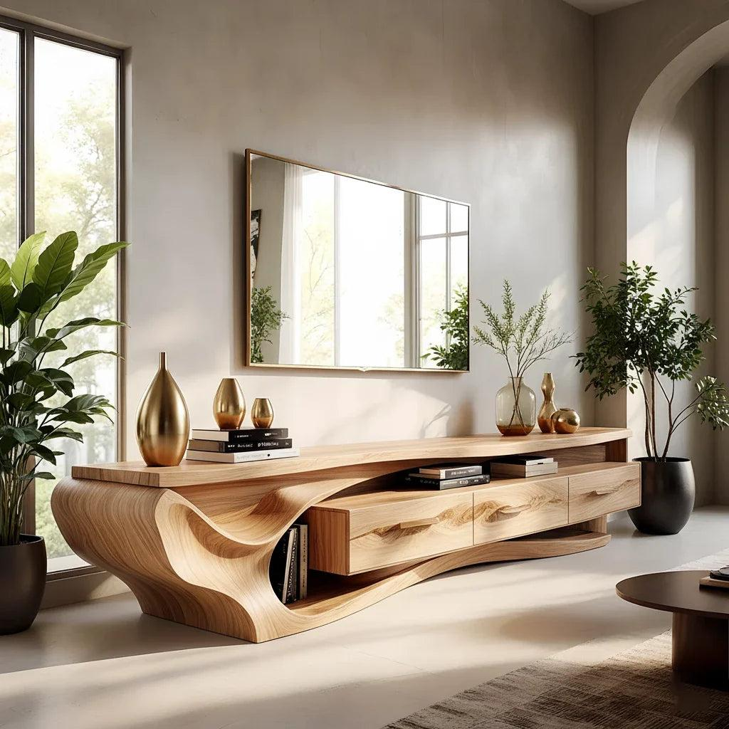 Solid Wood Media Console with Curved Design, Modern TV Stand with Storage