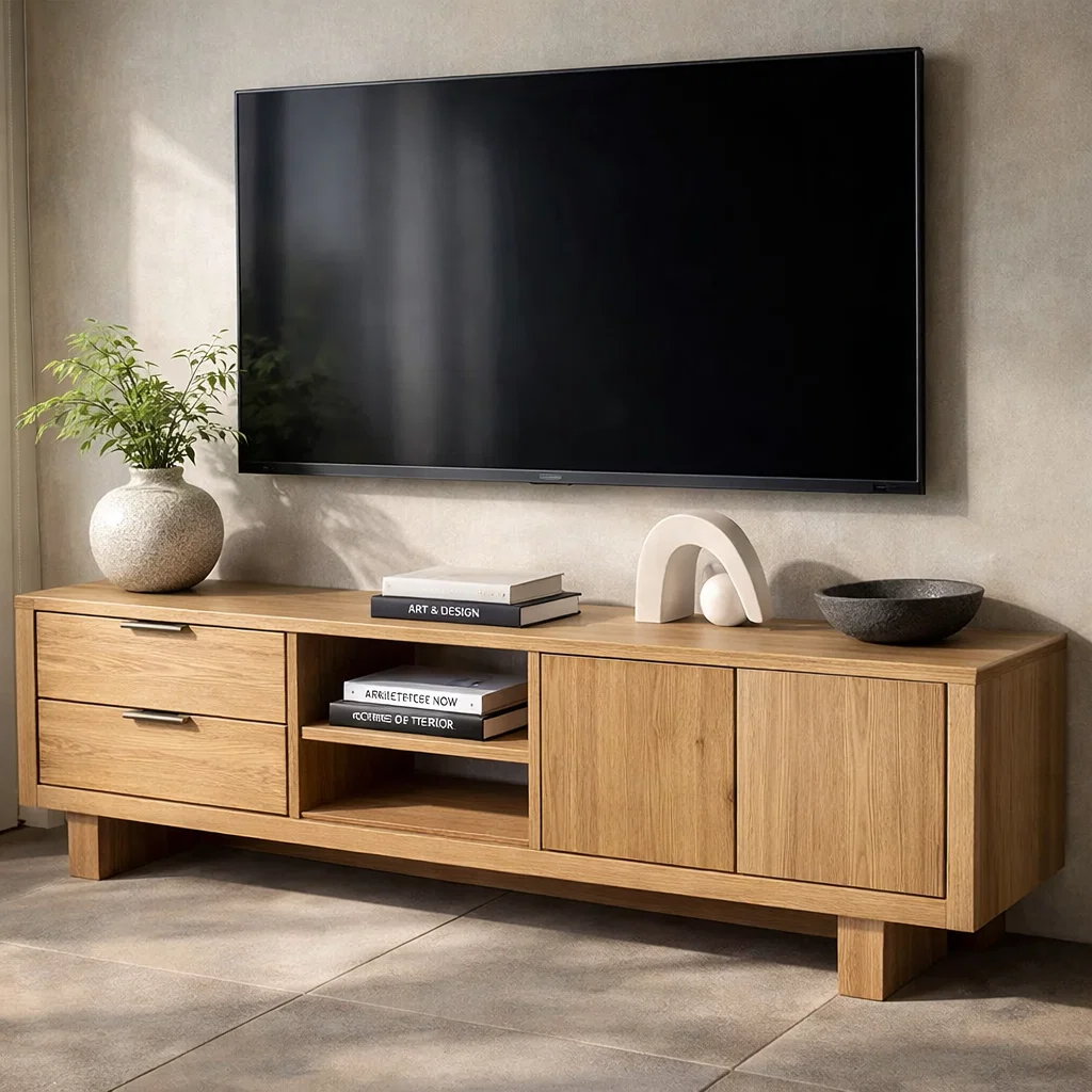 Solid Wood TV Cabinet with Drawers, Doors & Open Shelf – Modern Media Console