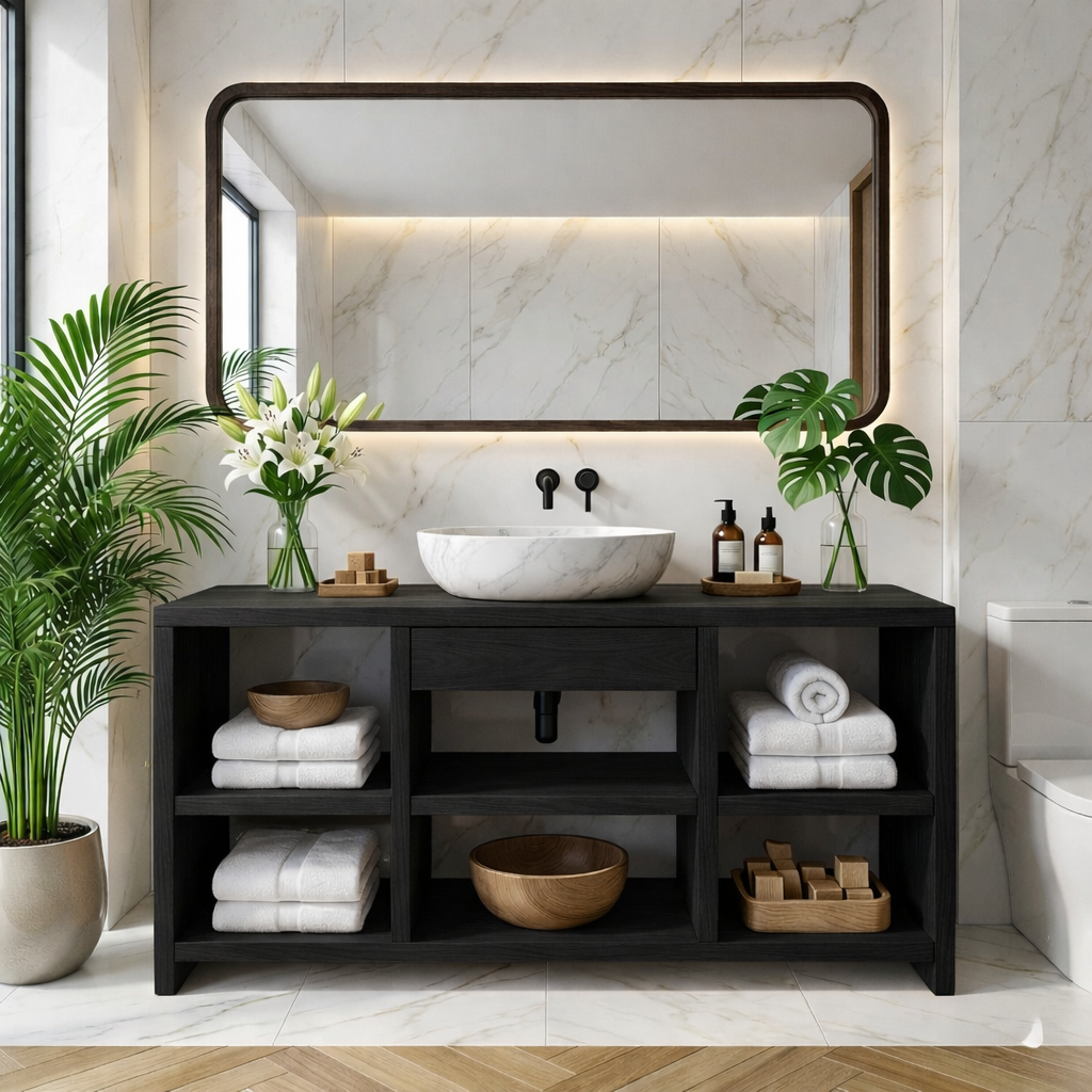 Contemporary Oak Bathroom Vanity with White Marble Sink & Open Shelving Kitchnce