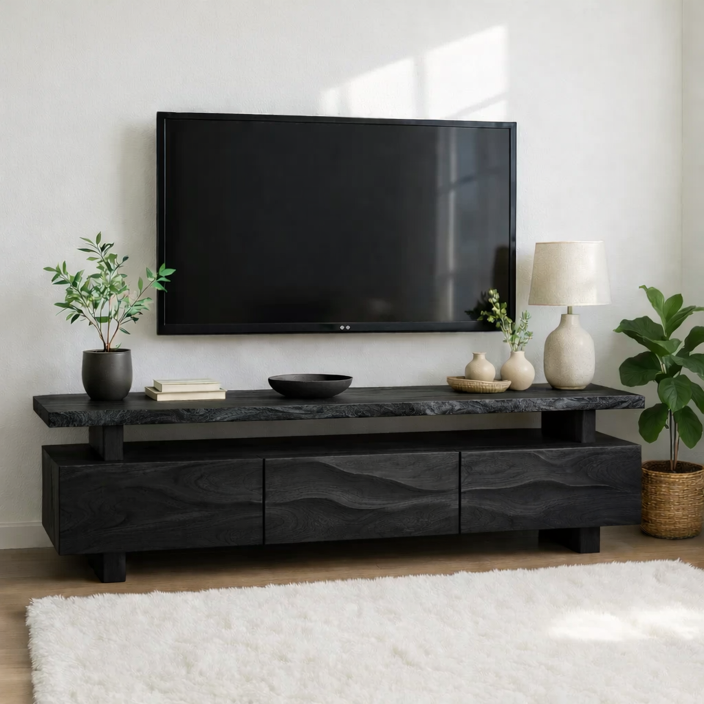 Modern Wave Front Wood TV Stand Long Media Console Low Profile Entertainment Center Kitchnce