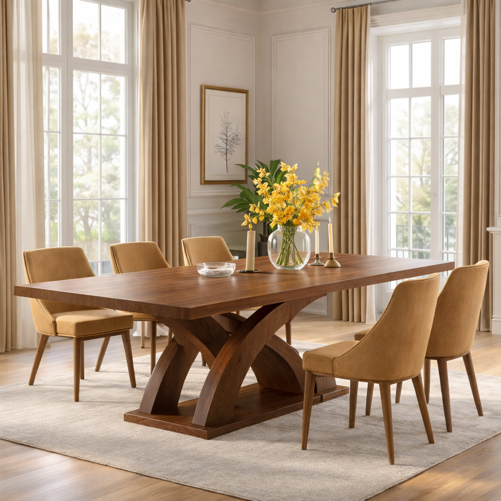 Modern Dining Table Sculptural Curved Base Large Wooden Dining Table for Home