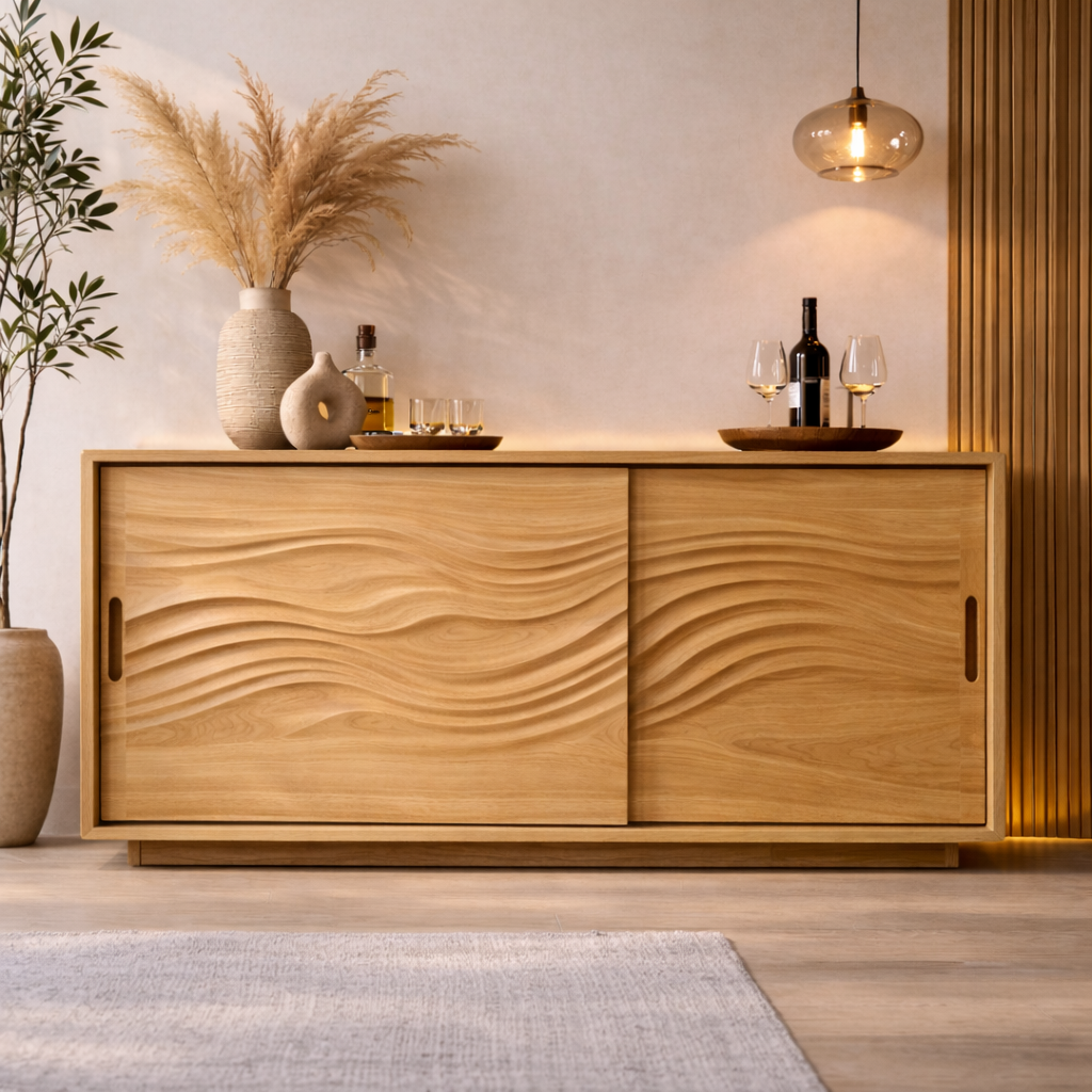 Solid Wood Console Table with Carved Wave Doors – Modern Walnut Sidebo