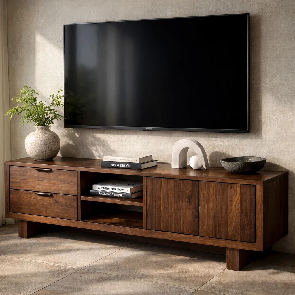 Solid Wood TV Cabinet with Drawers, Doors & Open Shelf – Modern Media Console