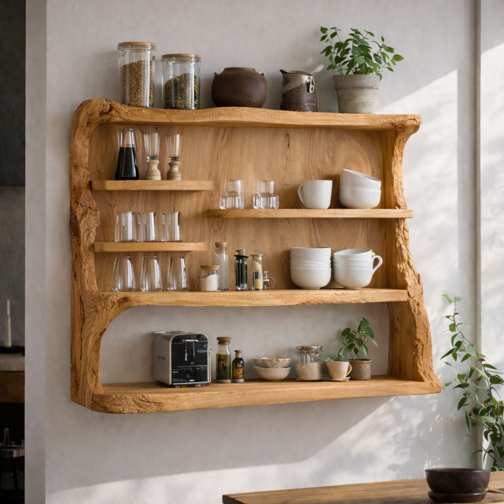 Live Edge Solid Wood Kitchen Cabinet | Modern Floating Shelf for Storage
