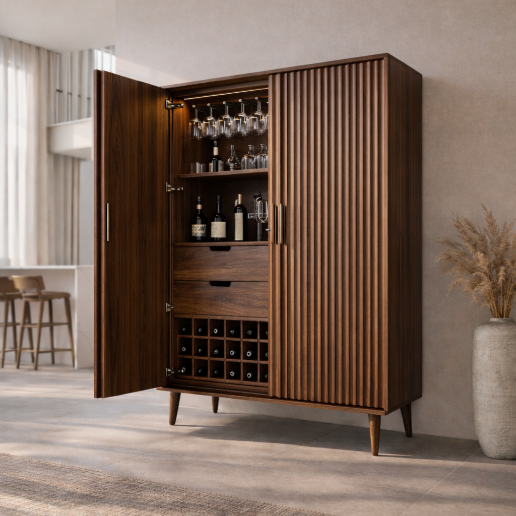 Solid Wood Bar Cabinet with Fluted Doors, Wine Storage & Glass Rack – Modern Home Bar