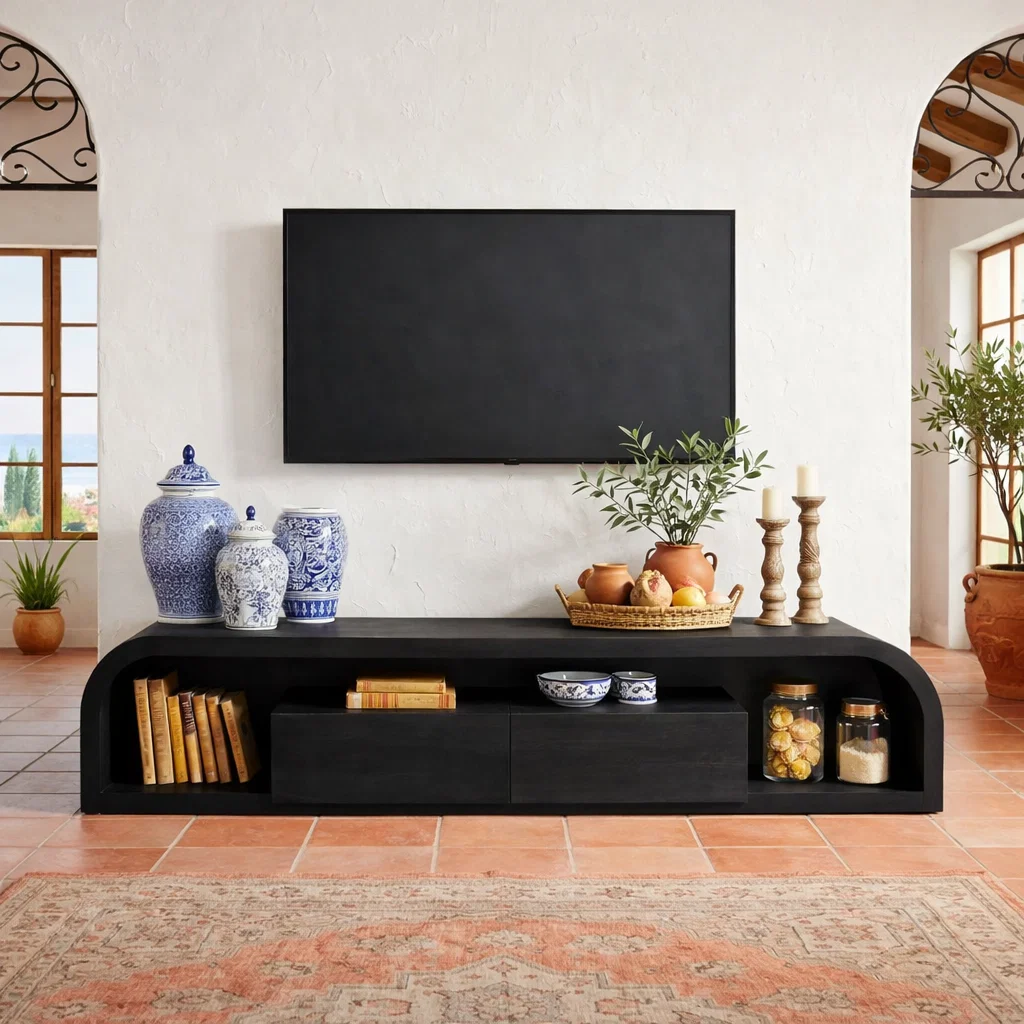Curved Solid Wood Media Console with Storage – Modern Low TV Stand