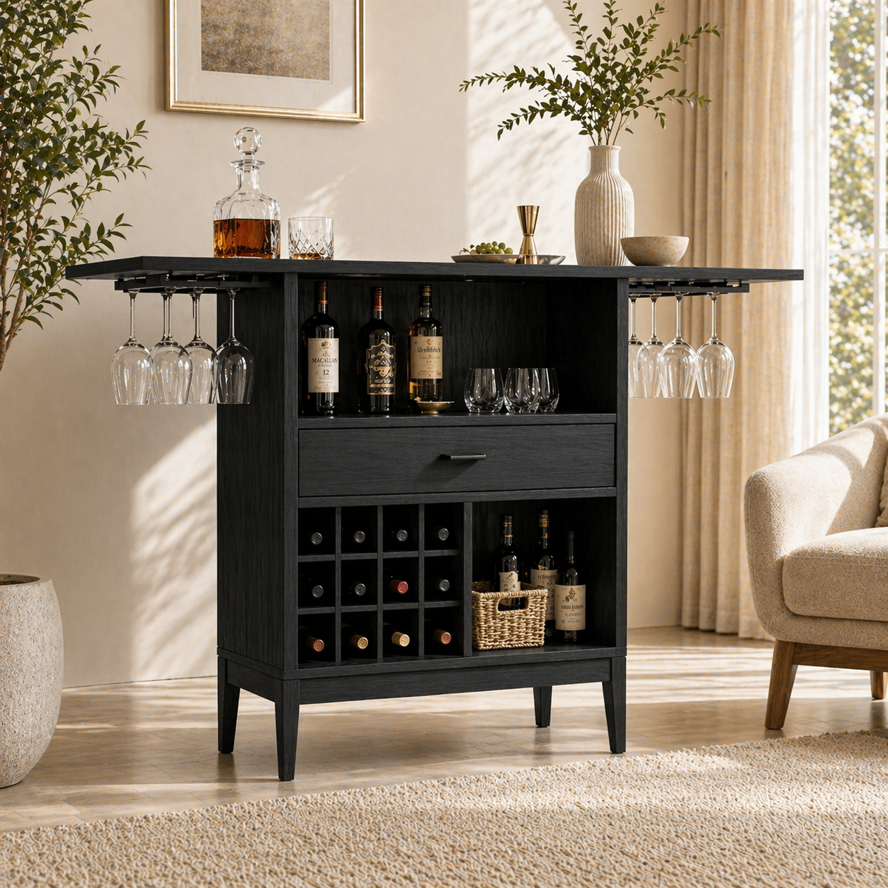 Expandable Bar Cabinet Wine Storage Glass Rack Home Entertaining Display Furniture