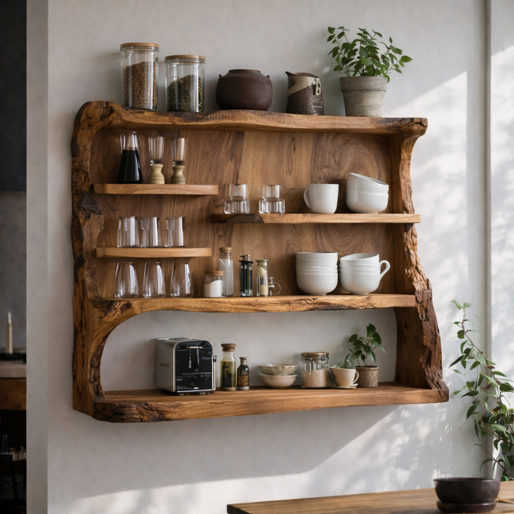Live Edge Solid Wood Kitchen Cabinet | Modern Floating Shelf for Storage