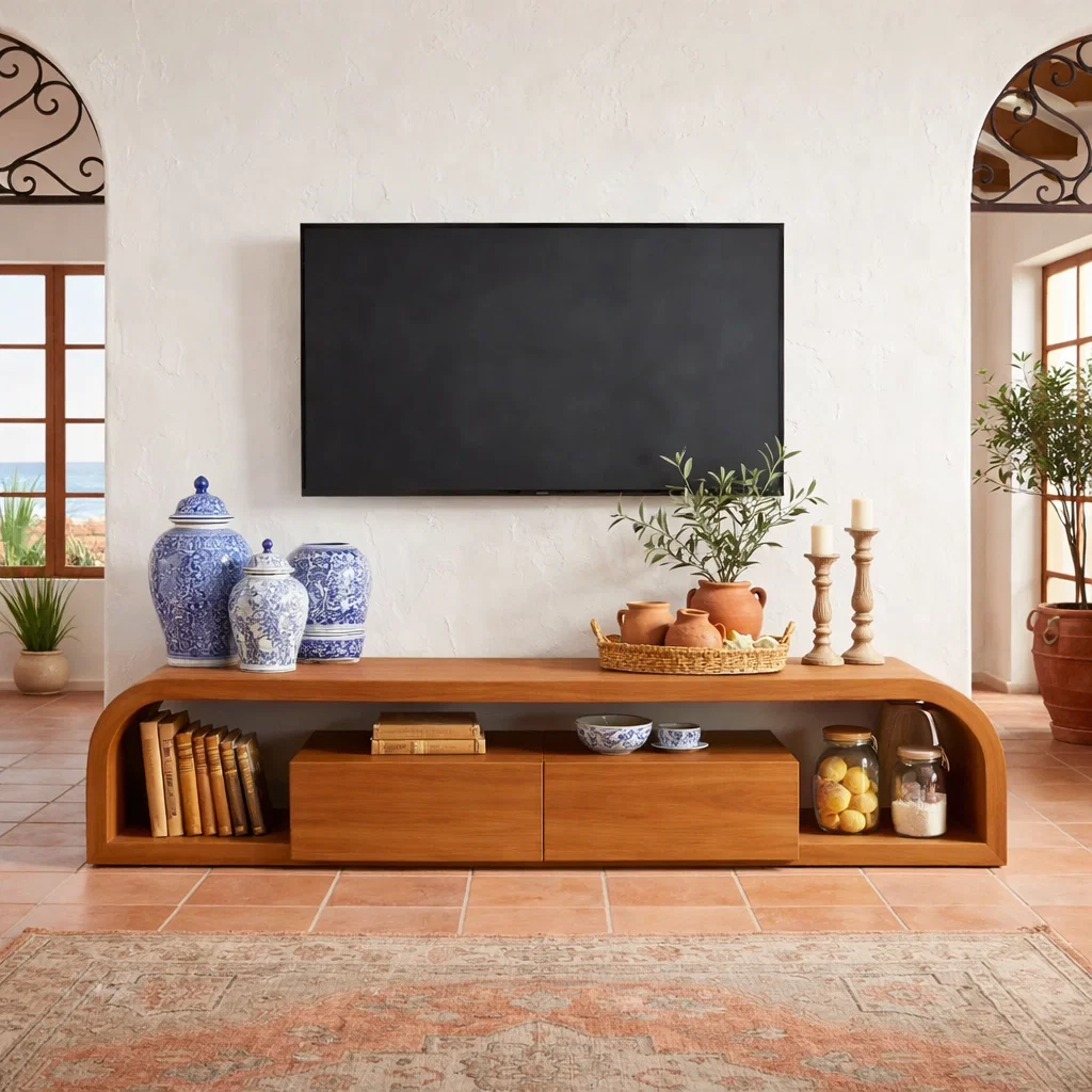 Curved Solid Wood Media Console with Storage – Modern Low TV Stand