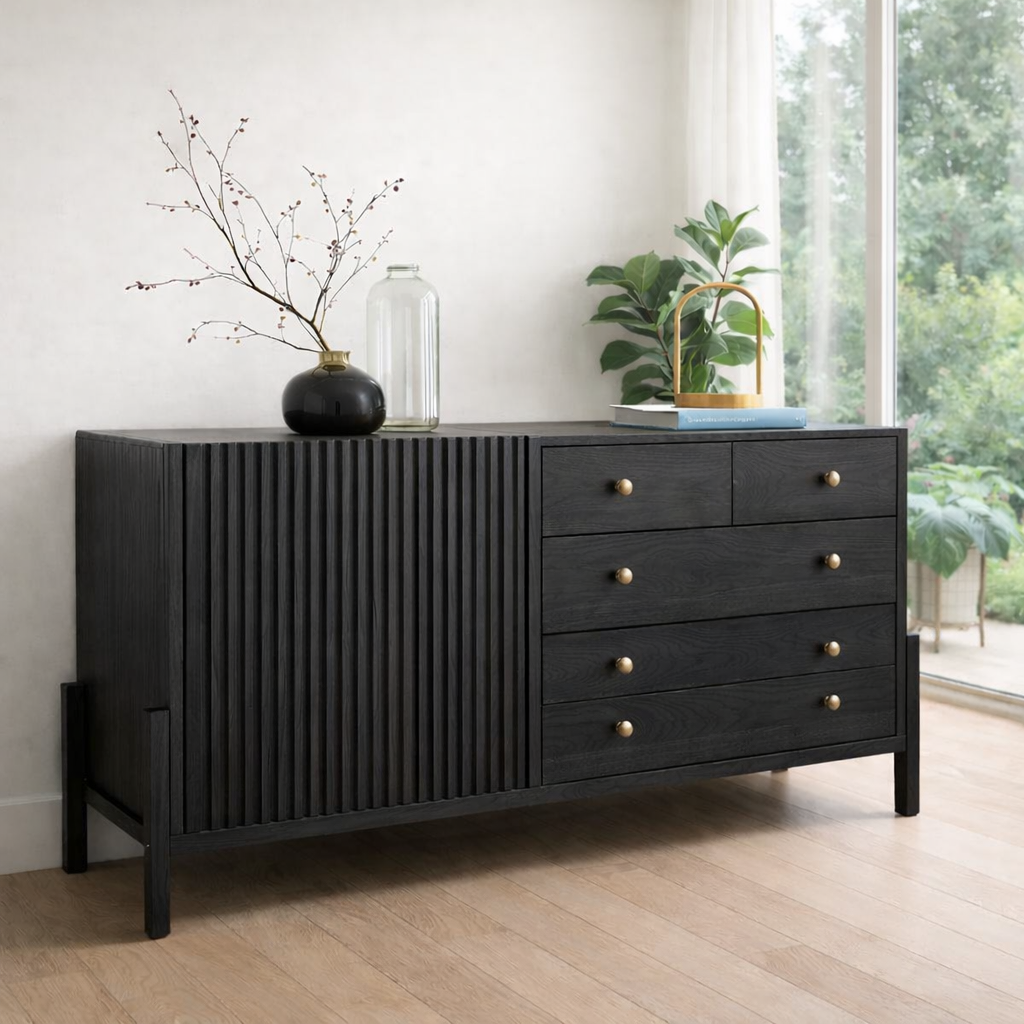 Fluted Panel Sideboard Cabinet with 4 Drawers – Contemporary Storage Console