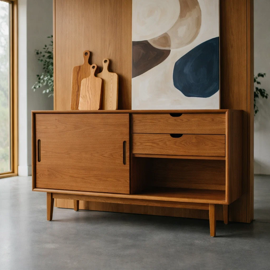 Mid Century Solid Wood Console Cabinet with Sliding Door and Drawers