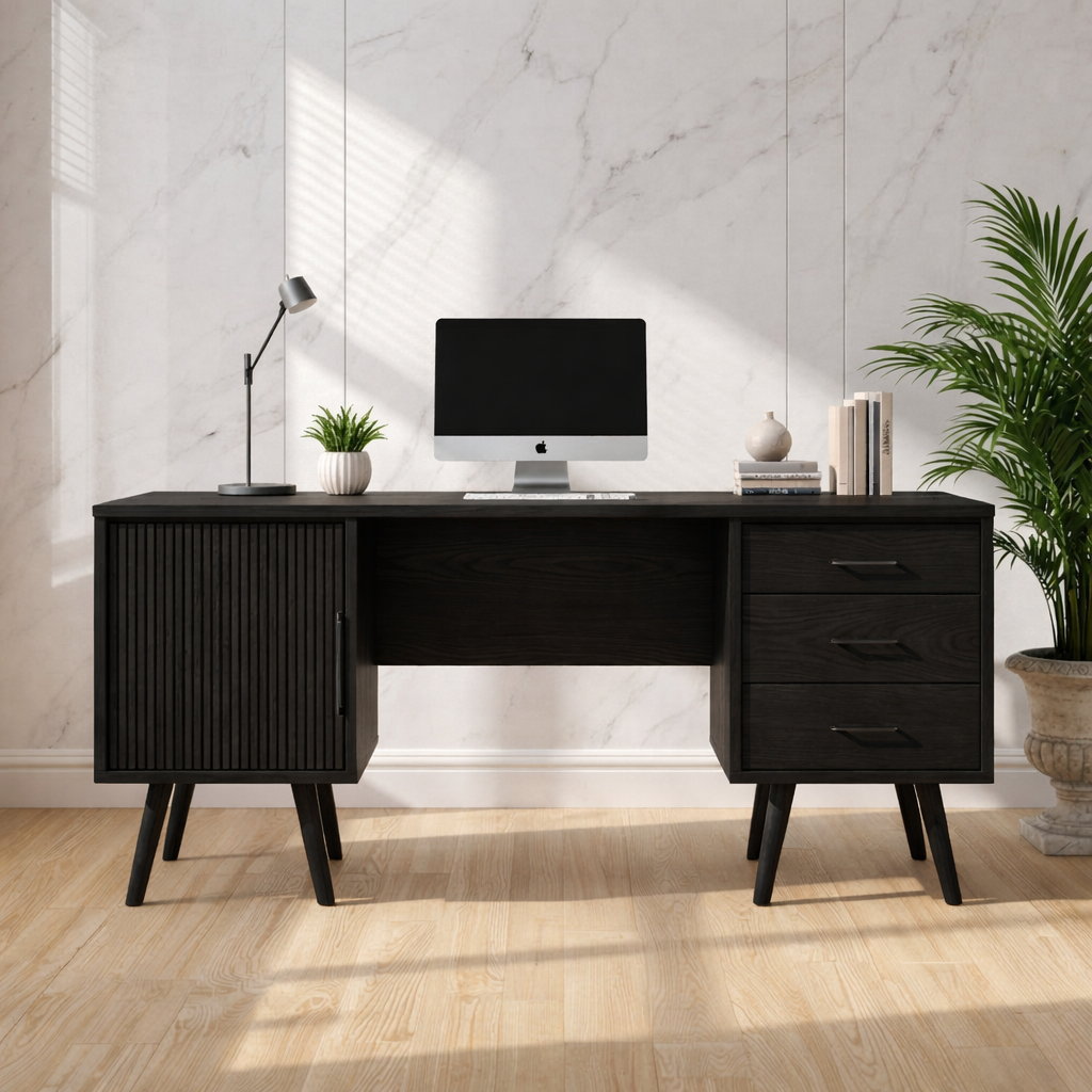 Mid Century Modern Writing Desk with Cabinet and Drawers Home Office Work Table