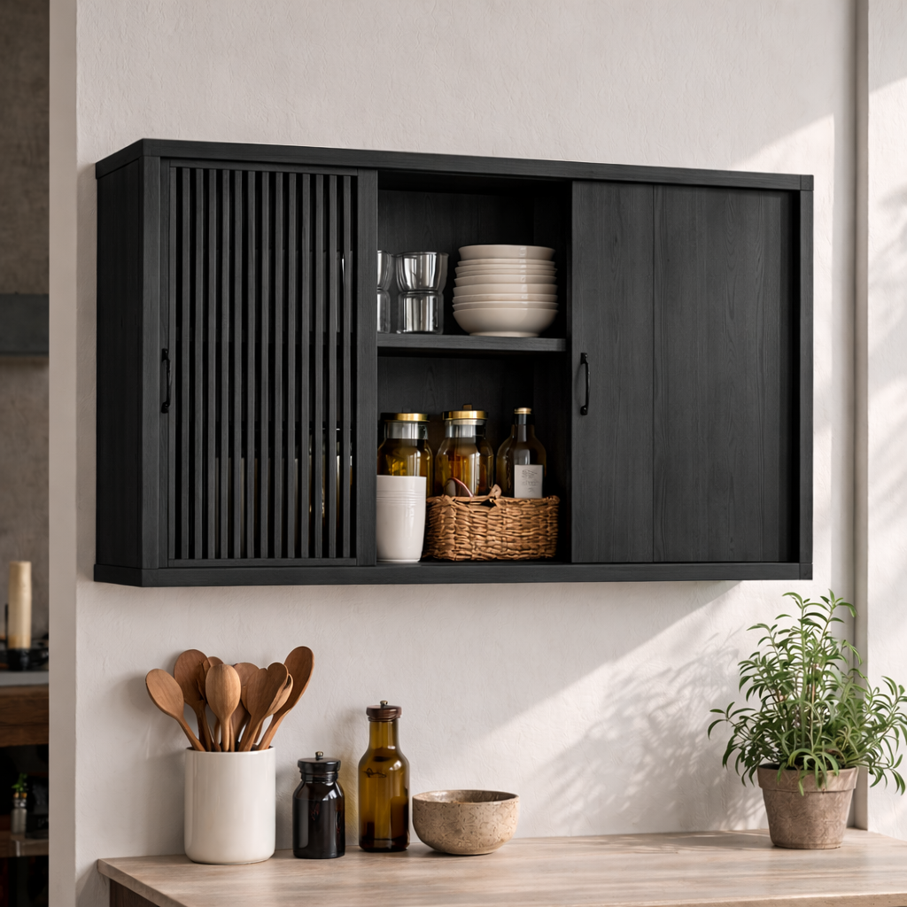 Wooden Kitchen Cabinet with Sliding Doors | Modern Wall-Mounted Storage