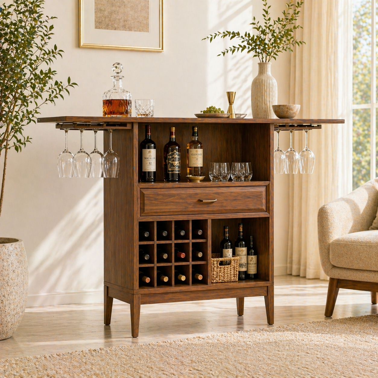 Expandable Bar Cabinet Wine Storage Glass Rack Home Entertaining Display Furniture