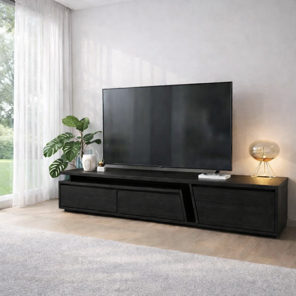 Modern Solid Wood TV Console with Drawers & Storage – Low Media Stand