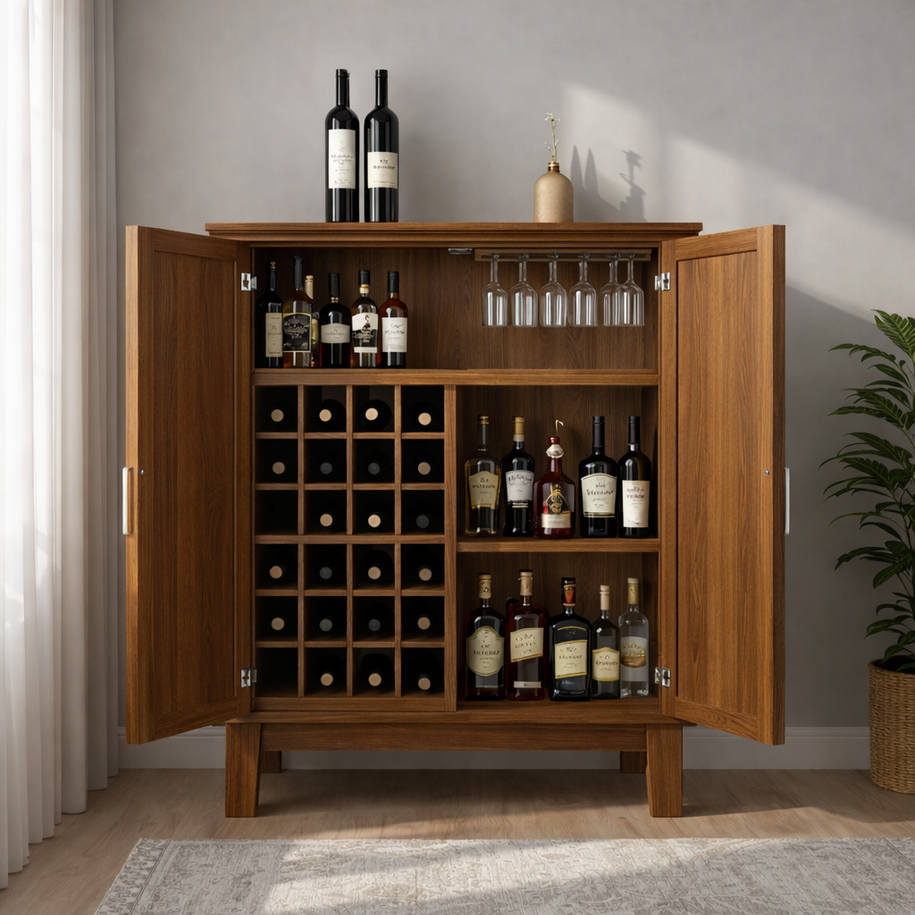 Solid Wood Wine Cabinet with Double Doors and Grid Bottle Storage