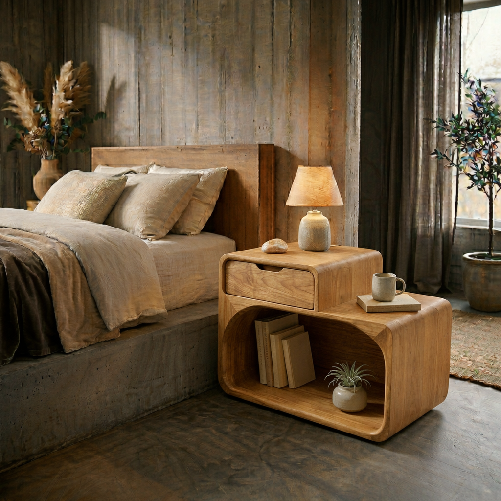 Solid Wood Nightstand with Drawer & Open Shelf – Modern Curved Bedside Table