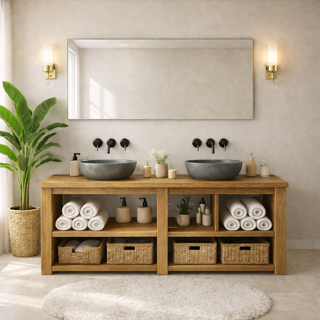 Rustic Double-Sink Wooden Bathroom Vanity with Storage Shelves