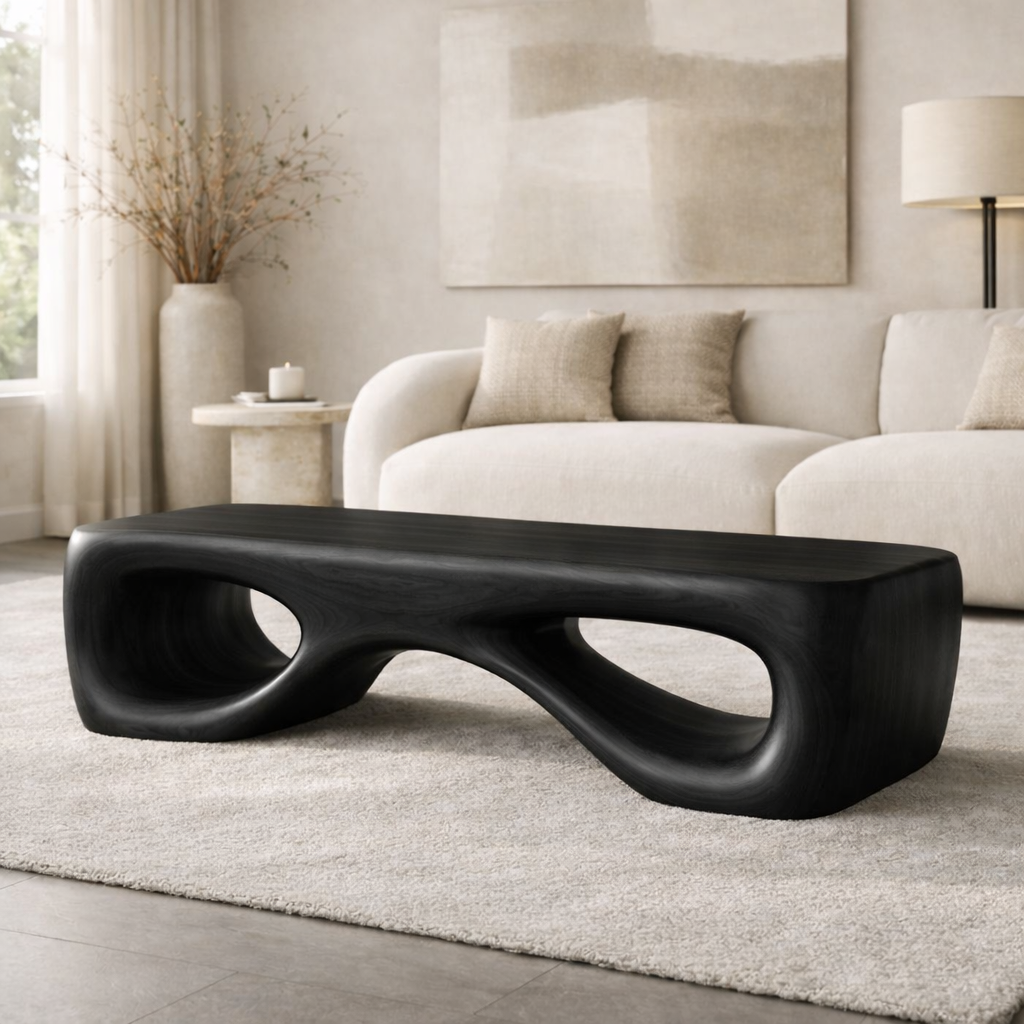 Modern Sculptural Wooden Entryway Bench, Curved Hallway Seating for Luxury Homes