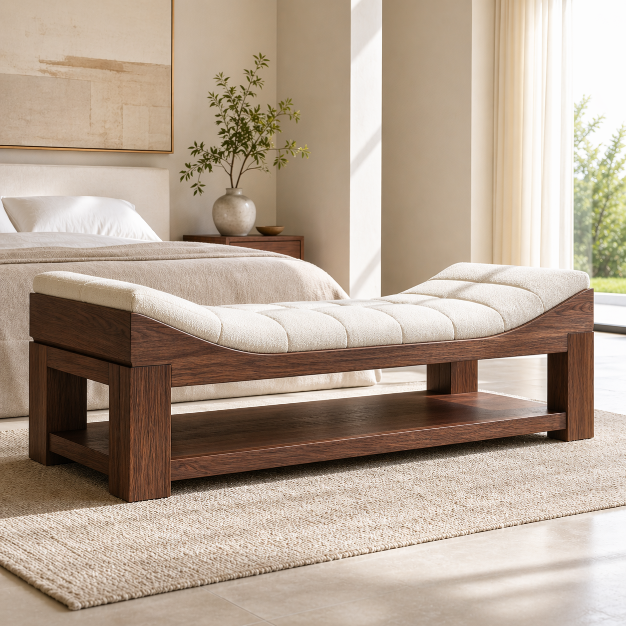 Modern Upholstered Daybed Bench with Storage Shelf for Bedroom Lounge Decor