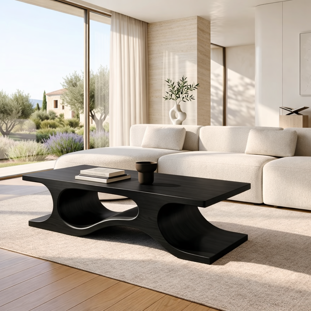 Organic Sculptural Coffee Table with Wave Base, Modern Minimalist Home Living Room Centerpiece
