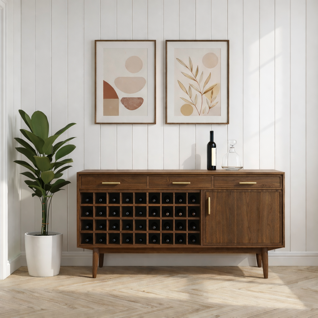 Mid Century Solid Wood Wine Cabinet with Large Bottle Rack and Drawer Storage