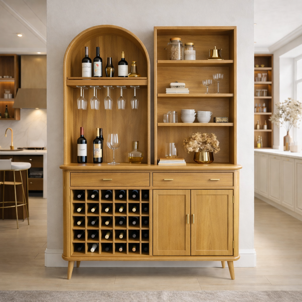 Solid Wood Bar Cabinet with Wine Rack, Arched Shelf & Open Display Storage