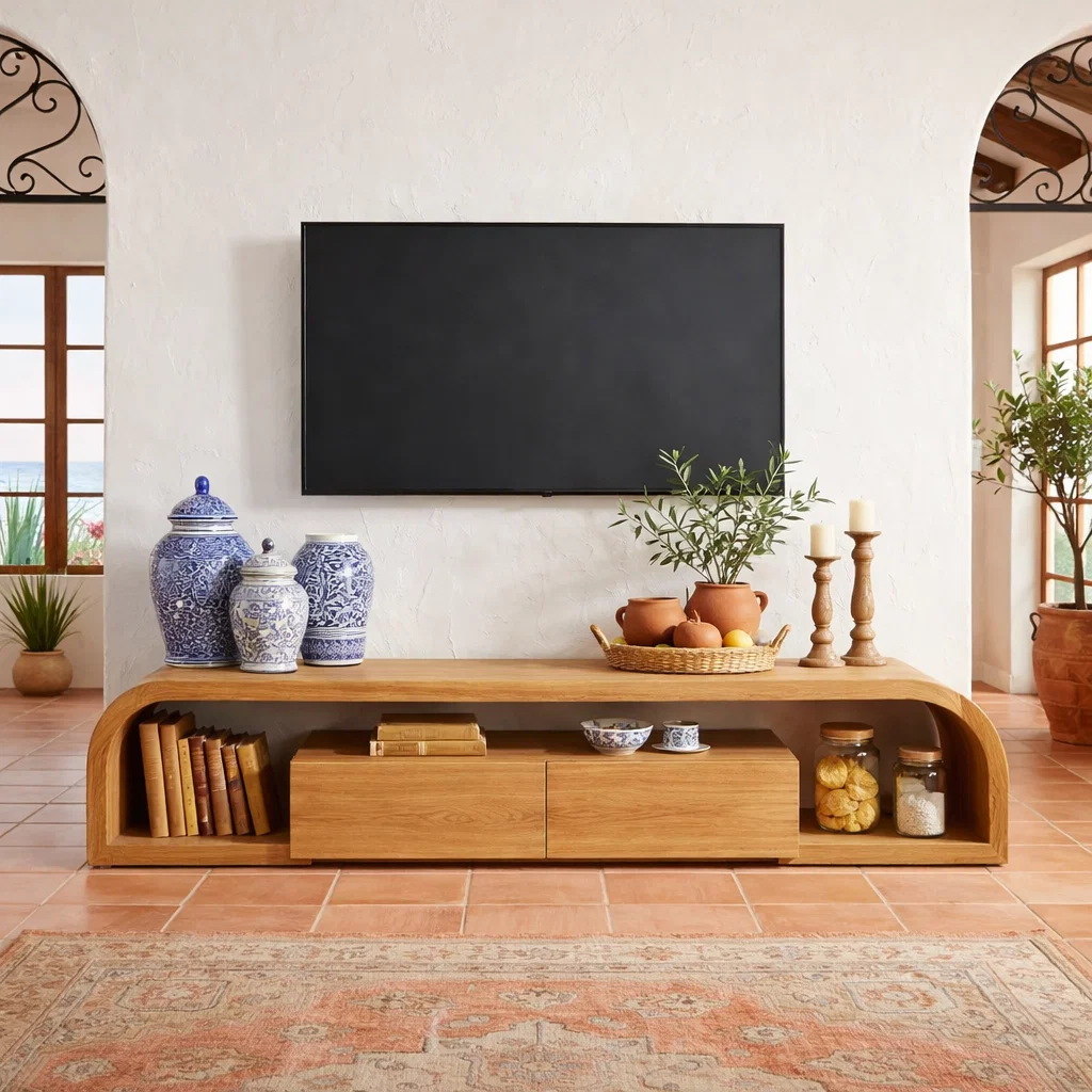 Curved Solid Wood Media Console with Storage – Modern Low TV Stand