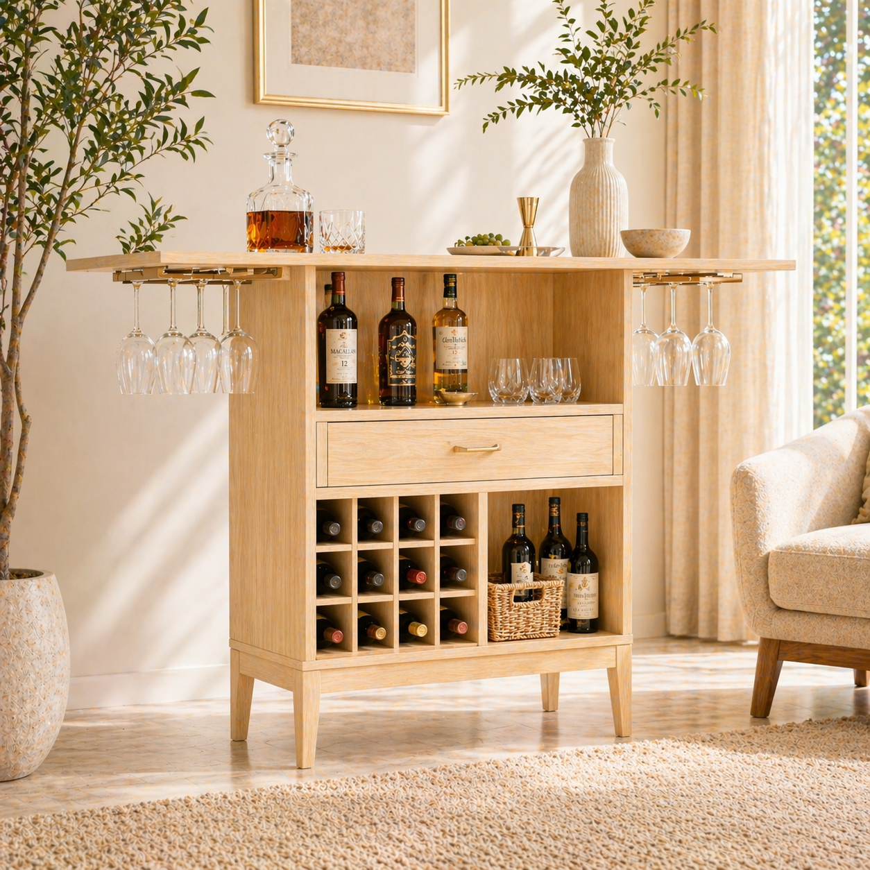 Expandable Bar Cabinet Wine Storage Glass Rack Home Entertaining Display Furniture