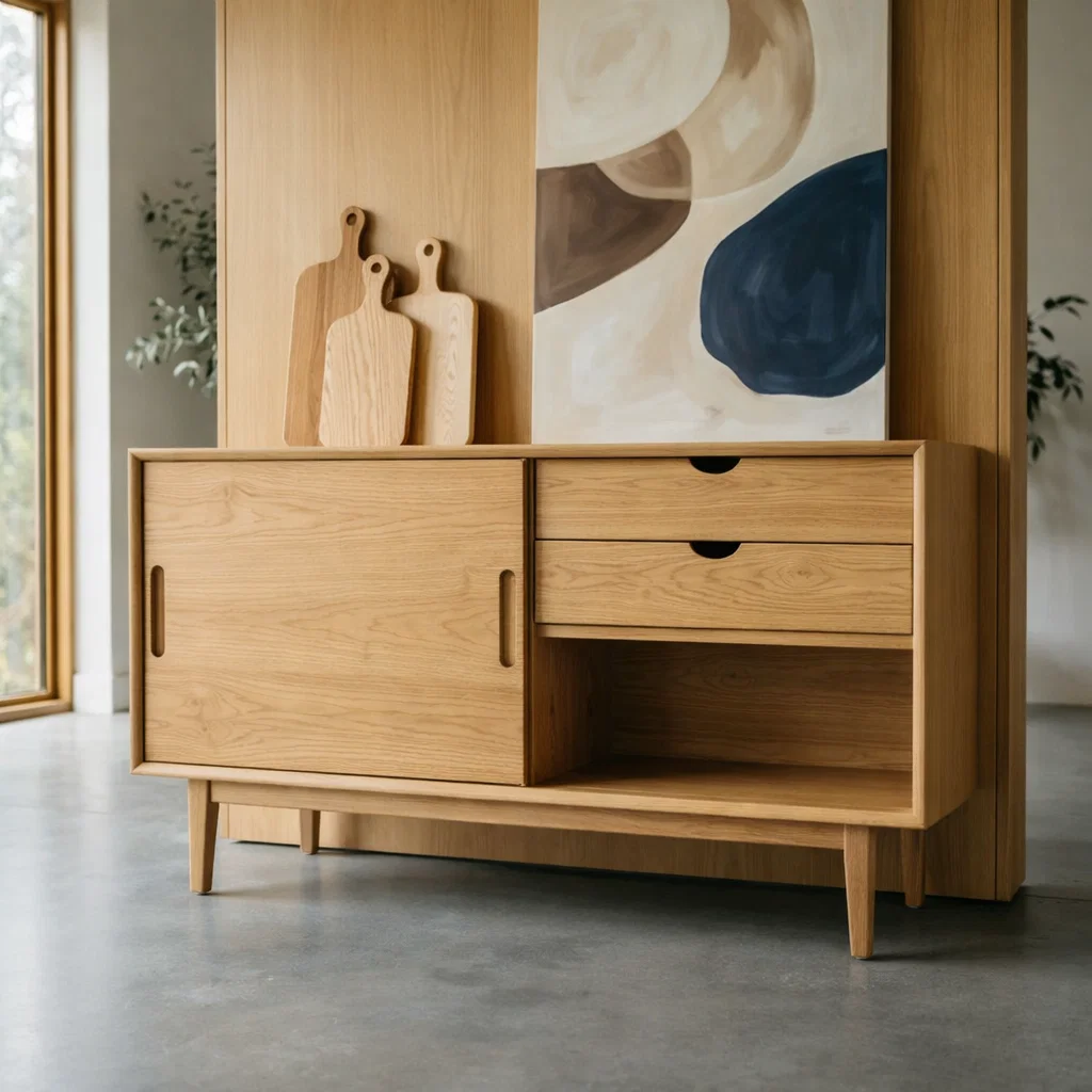 Mid Century Solid Wood Console Cabinet with Sliding Door and Drawers