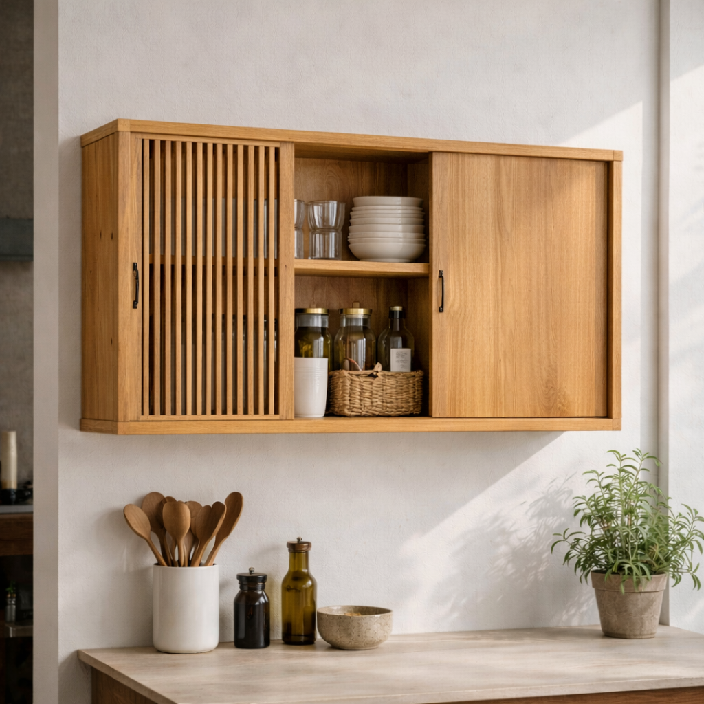 Wooden Kitchen Cabinet with Sliding Doors | Modern Wall-Mounted Storage