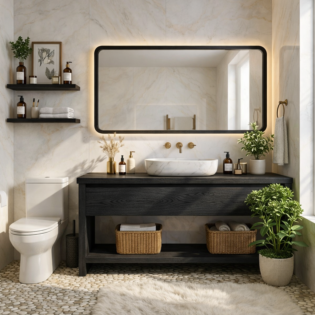 Elegant Oak Bathroom Vanity with Marble Sink & Open Shelves, Modern Design Kitchnce