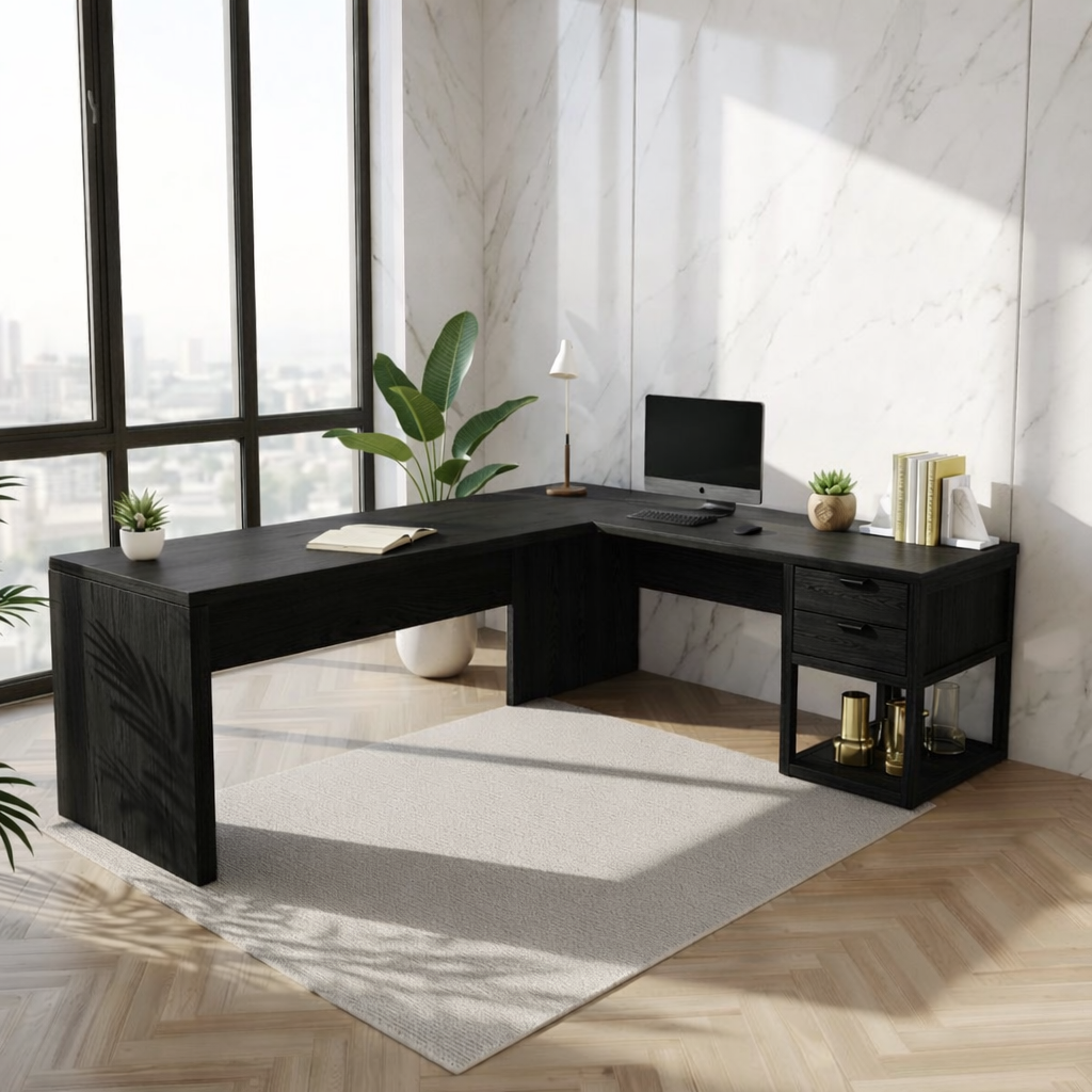 Modern L Shaped Desk with Drawers Home Office Corner Workstation Minimal Design Table